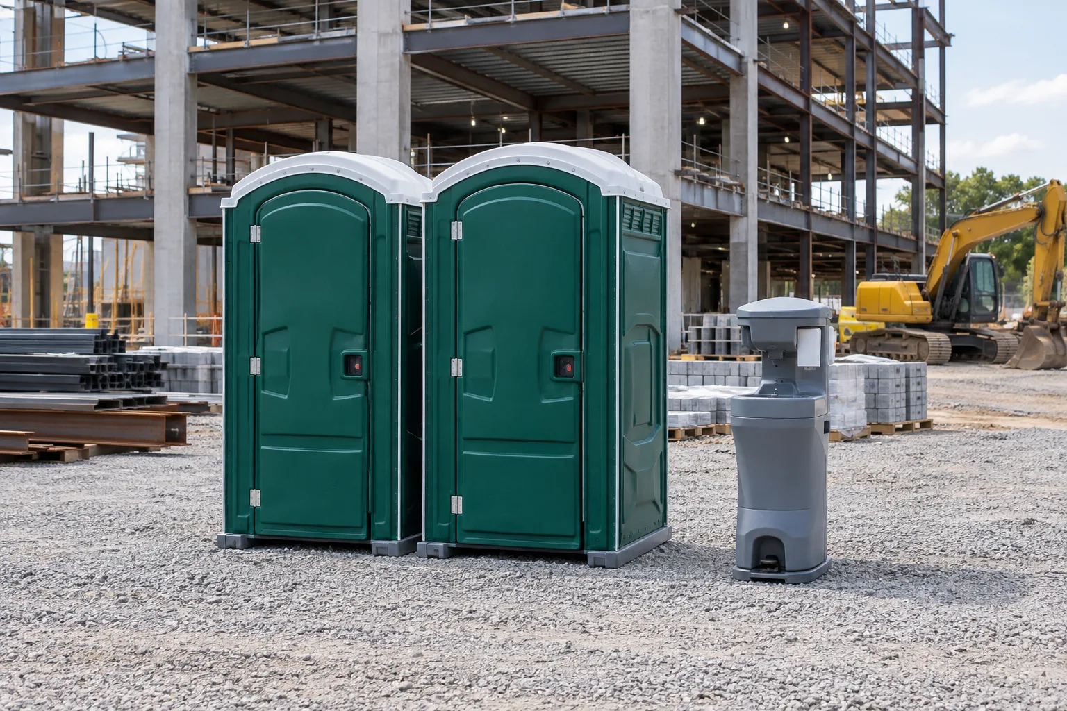 Two portable toilets and a handwashing station beside a commercial building under construction