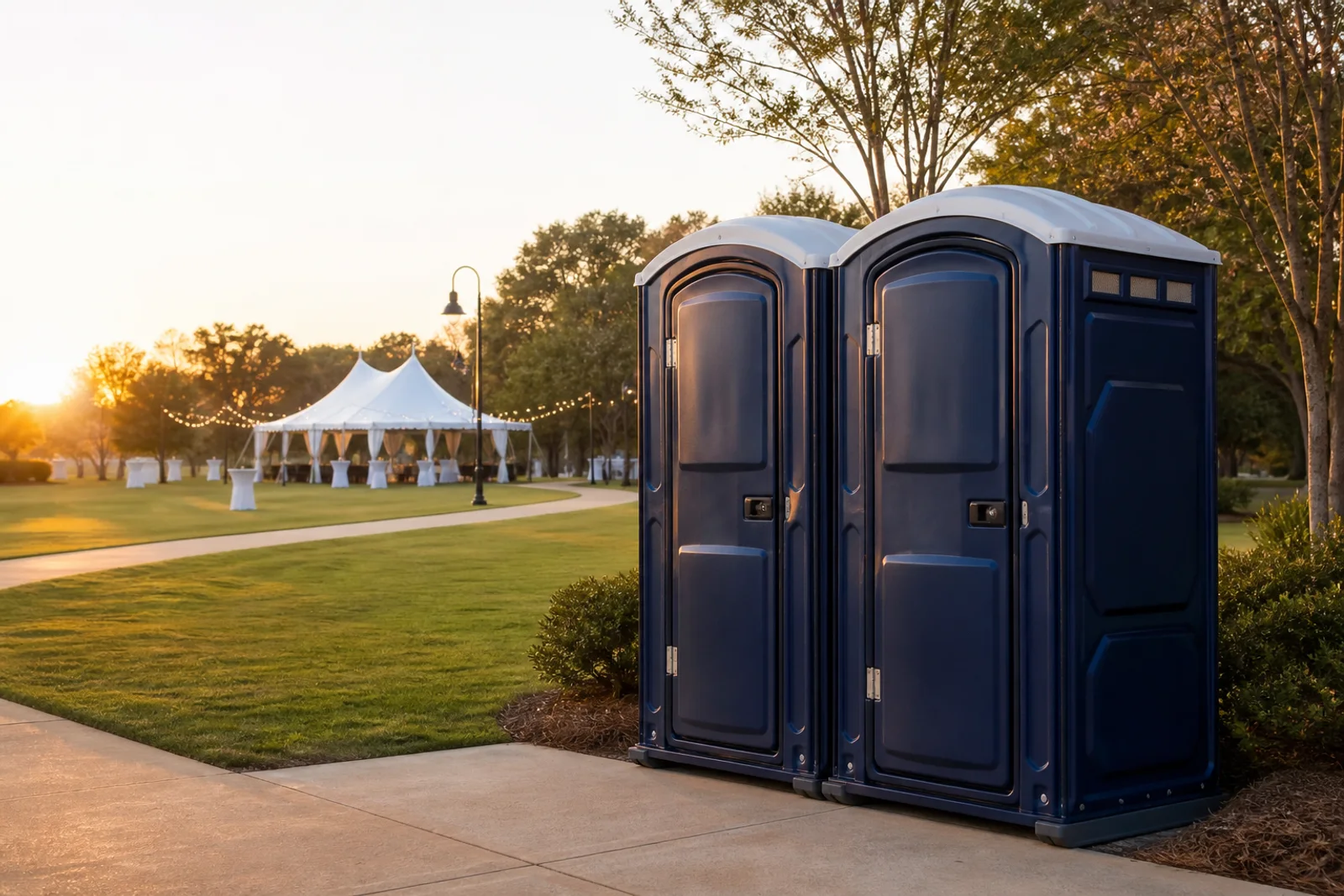 Portable toilets beside an outdoor event area