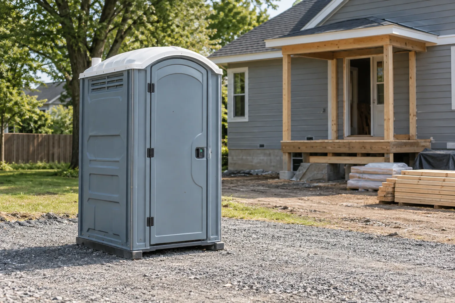 Portable toilet beside a home renovation