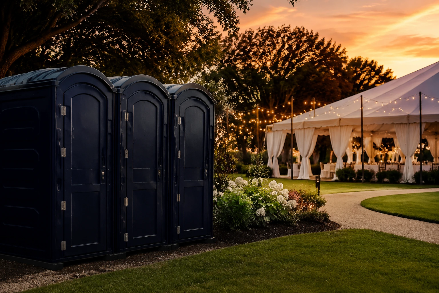 Portable toilets near an outdoor reception tent